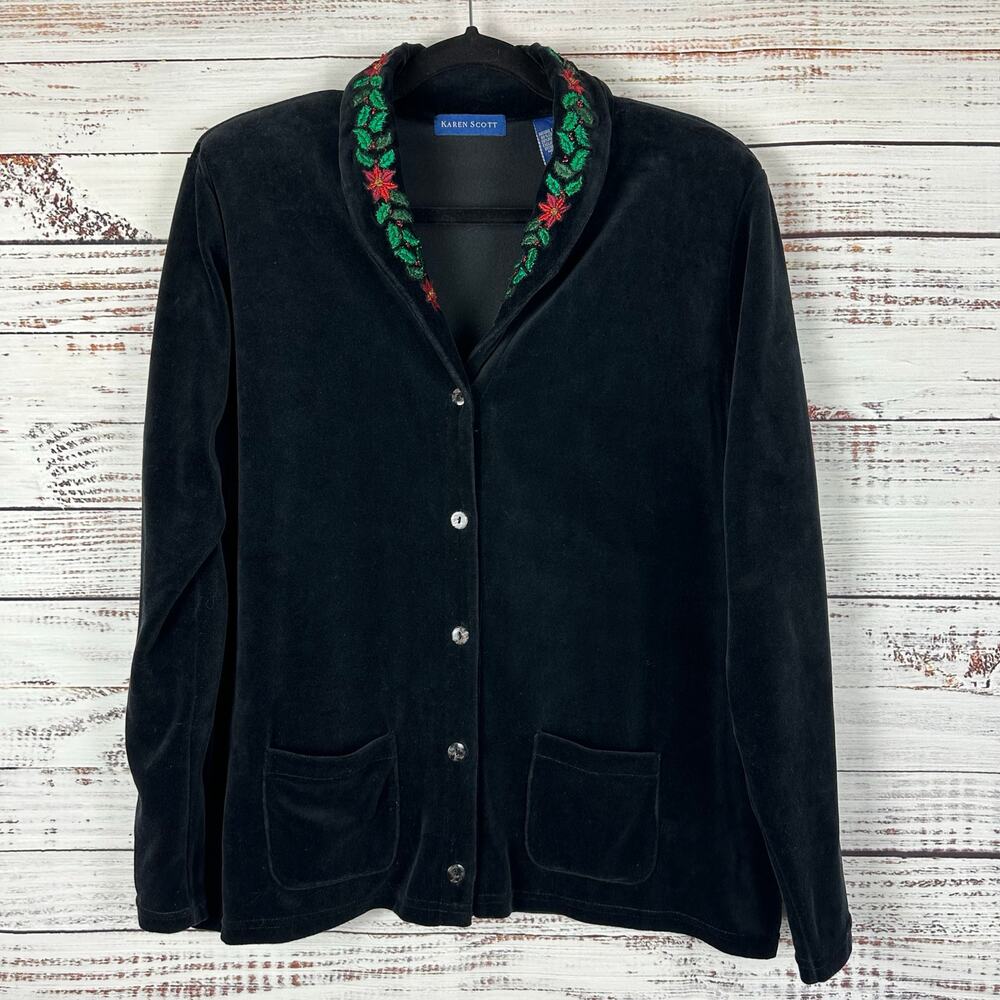 VTG Karen Scott Black Velvet Velour Button Up Holiday Embroidered Top Womens L